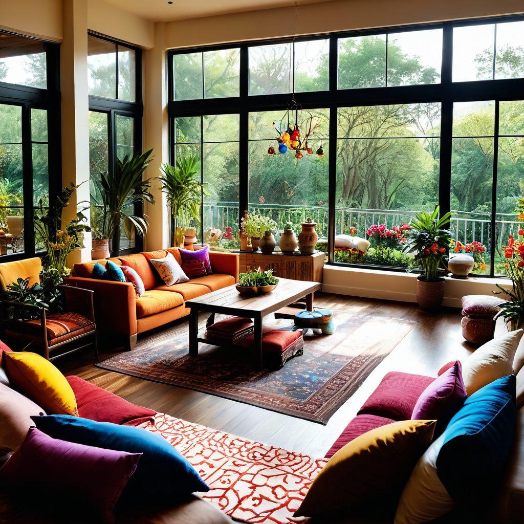 A cozy living room shared by diverse individuals, engaged in joyful activities like cooking, reading, and playing games. A large window shows a sunny garden outside, filled with plants and flowers, symbolizing shared joy. Incorporate elements of harmony, like colorful cushions, warm lighting, and a communal dining table. Reflect various cultural backgrounds through decorations and attire. warm atmosphere. super-realistic. vibrant colors.