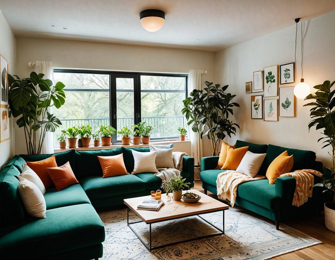 A cozy and inviting co-living space with warm lighting, plants, and comfortable furniture. Include diverse individuals engaging in various activities like cooking, reading, and socializing. Capture a sense of community and happiness in the decor, featuring vibrant colors and soft textures. Emphasize areas for collaboration and relaxation, creating a harmonious atmosphere. stylish painting. warm tones.