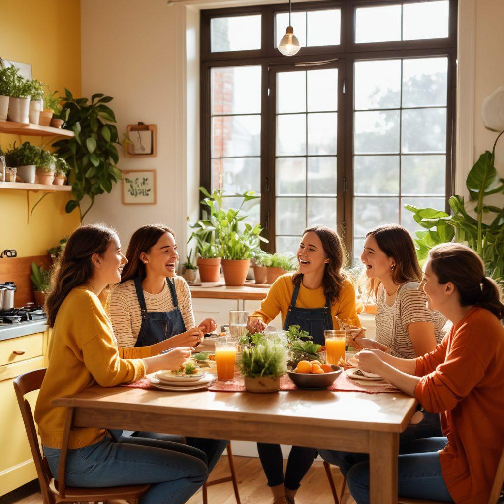 A lively and cheerful living space featuring diverse roommates sharing joyful moments – laughing, cooking, and decorating together. Highlight cozy corners with plants, colorful decor, and shared meals on a vibrant dining table. Incorporate natural sunlight pouring through large windows to enhance positivity. Emphasize a sense of community and togetherness with playful expressions and warm colors. vibrant colors. cozy atmosphere. super-realistic.